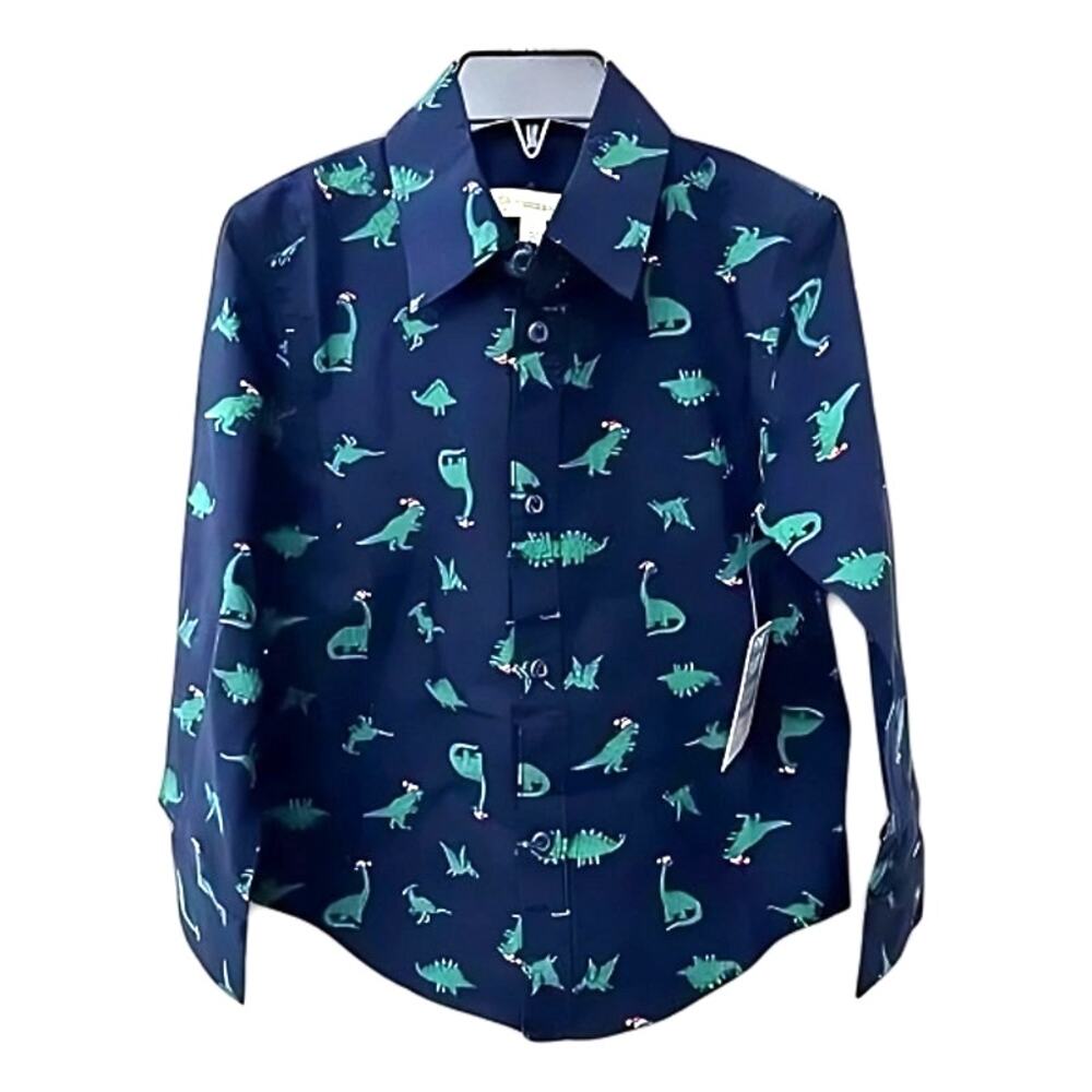 Tucker + Tate Button Up Shirt Dinosaur Santa Hat Print Long Sleeve Blue 3T NWT